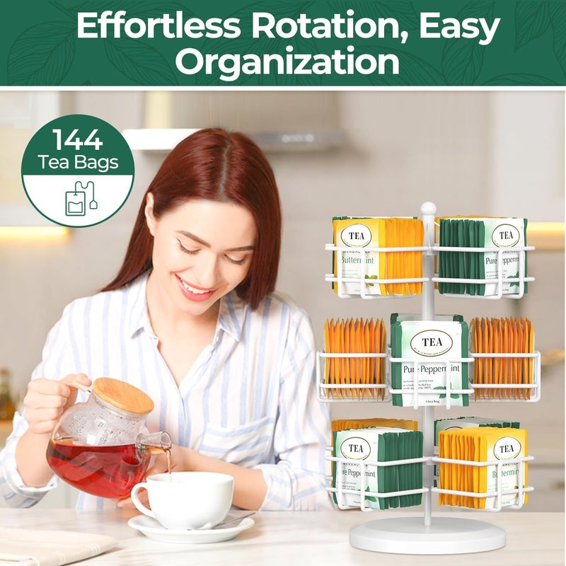 EsLuker.ly Tea Bag Holder Organizer for Counter 3 Tier Metal Tea Bag Storage Rack, Spinning Carousel Tea Packet Display Stand, Tea Organizer Station with Easy Access for Kitchen Office, White - Image 2